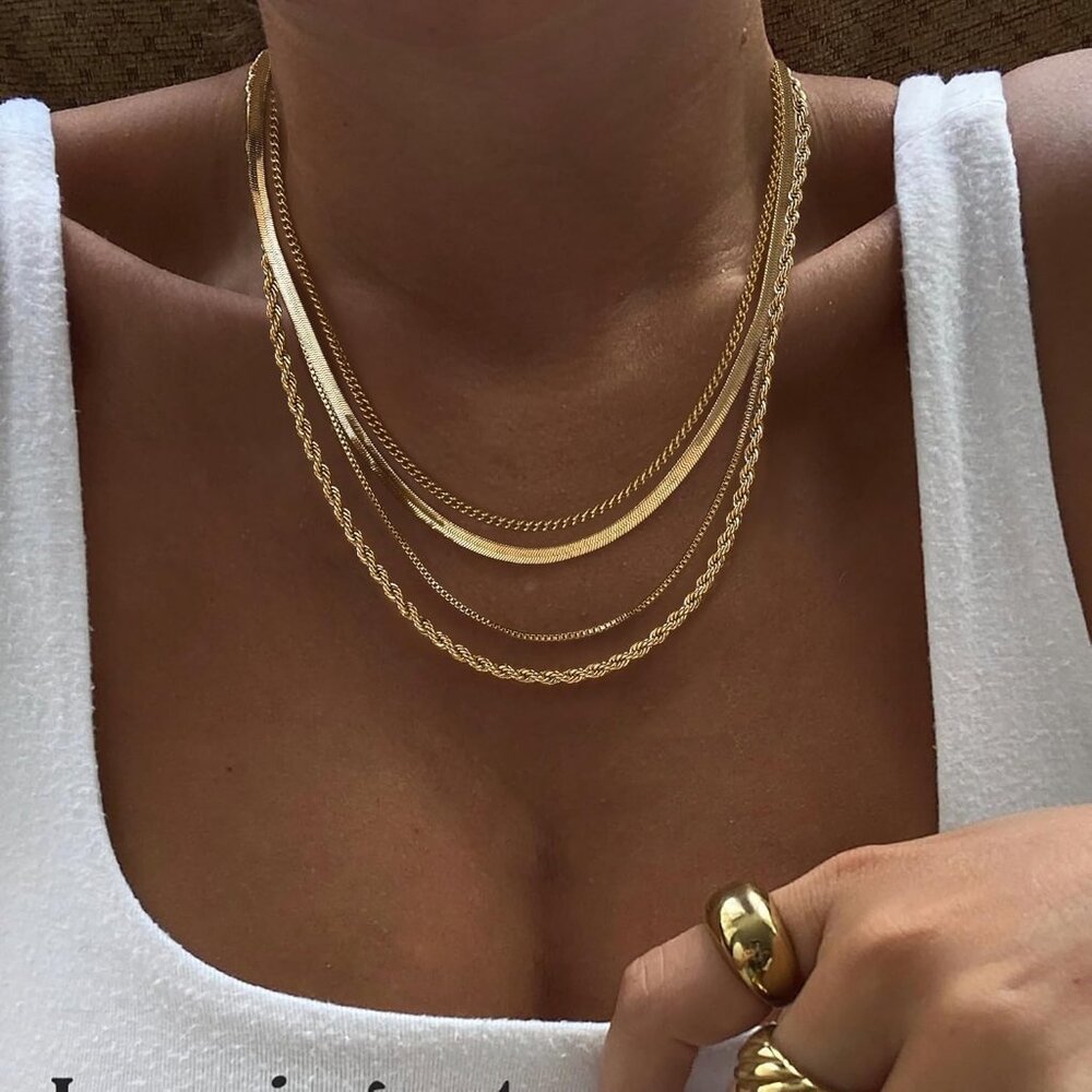 Layered Necklaces for Women Non Tarnish- Chunky 14k Gold Plated Herringbone/Snak - Picture 3 of 8